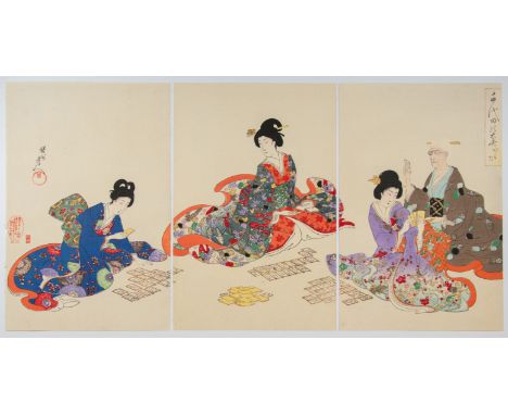 Artist: Chikanobu Yoshu (1838-1912)Title: Playing Karuta CardsSeries Title: Court Ladies of the Chiyoda PalacePublisher: Fuku