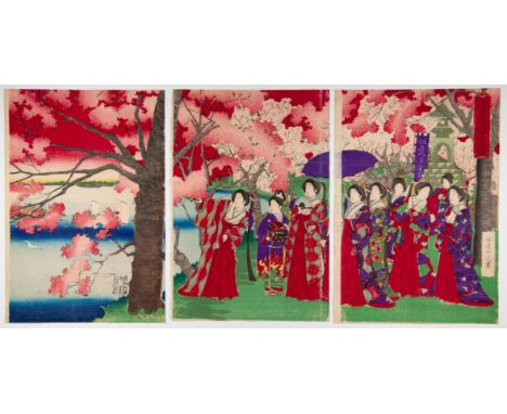 Artist: Ginko Adachi (1853-1902) Title: Cherry Blossom Viewing at Sumida Embankment Publisher: Isawa Kikutaro Date: 1880s-189