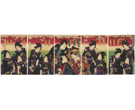 Artist: Kunichika Toyohara (1835-1900) Title: Geisha support for the kabuki play Sukeroku Publisher: Yorozuya Magohei Date: 1