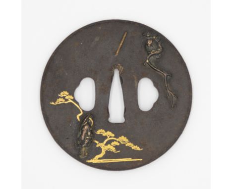 19th century iron tsuba designing seashore landscape Size: 7.8 x 7.8 x 0.4 cm, C: 2.9 x 0.8 cm Condition: Light tarnishing, g