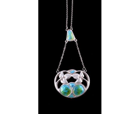 An Arts and Crafts silver and enamel pendant by Charles Horner, Chester 1909, the openwork foliate panel with green and blue 