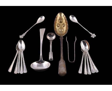 A small collection of silver flatware, including: a George IV fiddle pattern table spoon by Charles Eley, London 1824, later 