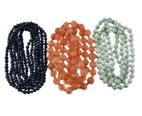 An agate bead necklace, composed of polished agate beads, 116cm long; a bloodstone and sodalite necklace, 236cm long; and a j