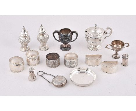 A small collection of silver, to include: a circular mustard by James Woods & Sons, Birmingham 1923, with a wrythen cone fini