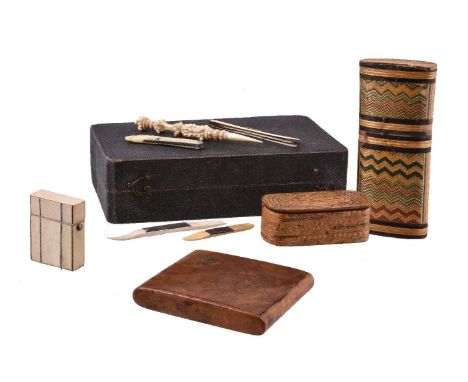 ϒAn empty shagreen instruments case, early 19th century, 19cm (7 1/2in) long; a figured birch cigarette case; a coloured stra