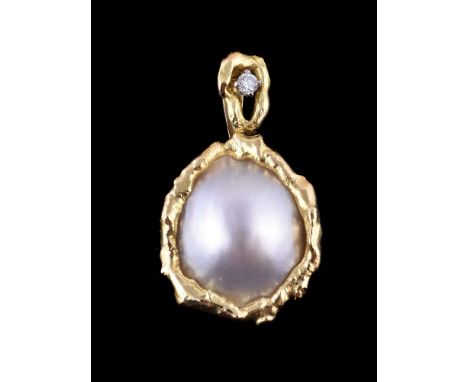 A diamond and mabé pearl pendant, the pear shaped mabé pearl within a textured 18 carat gold surround, suspended from a brill