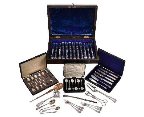ϒA collection of silver flatware, to include: a cased set of six Victorian dessert knives and forks by John Aldwinckle & Thom
