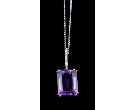 An amethyst and diamond pendant, the rectangular cut amethyst in a claw setting, suspended from a brilliant cut diamond set s