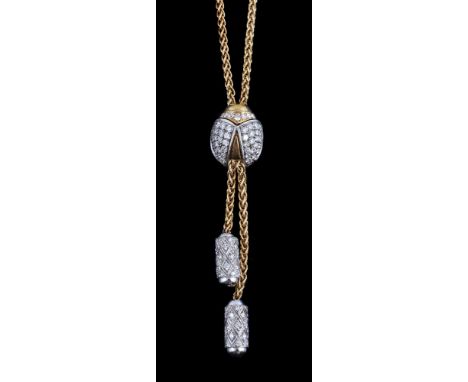 A diamond necklace, the ladybird slide panel set with brilliant cut diamonds, on a plaited chain with two brilliant cut diamo