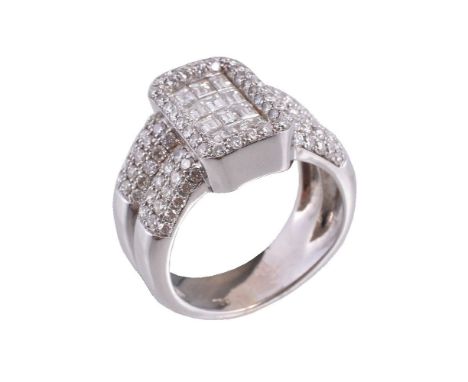 A diamond dress ring, the central rectangular panel set with step cut diamonds, within a pavé set brilliant cut diamond surro