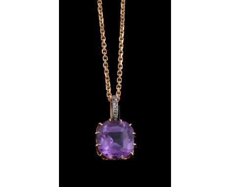 An amethyst and diamond pendant, the cushion shaped amethyst claw set below a rose cut diamond set bale, on a belcher link ch