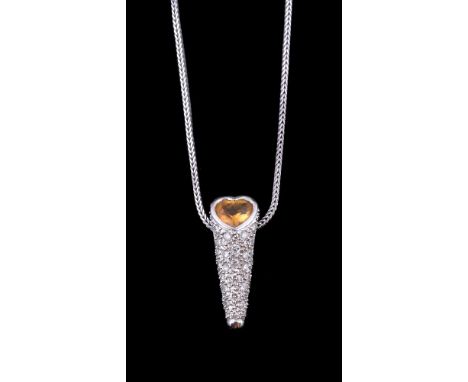 A citrine and diamond pendant, the heart shaped citrine set above a panel of brilliant cut diamonds, approximately 0.40 carat