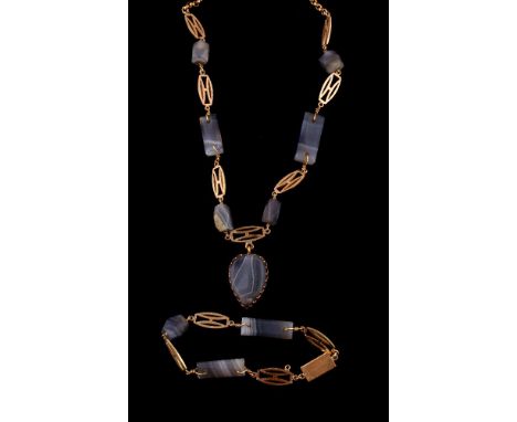 An agate necklace and bracelet, the necklace with facetted agate beads and rectangular panels interspaced with pierced tonnea