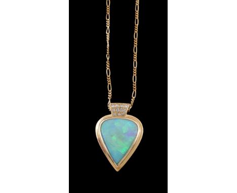 An opal and diamond pendant, the pear shaped cabochon opal panel with brilliant cut diamond accented surmount, 0.19 carats to