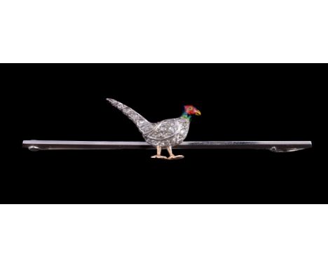 A diamond and enamel pheasant bar brooch, the pheasant set with rose cut diamonds, with a green and red enamel head, on a bar