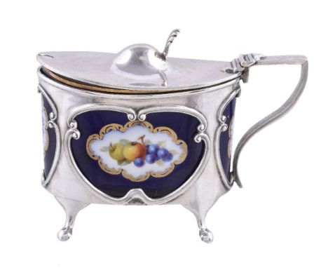 An Edwardian silver and Royal Worcester bone china straight-sided oval mustard pot by William Henry Sparrow, Birmingham 1901,