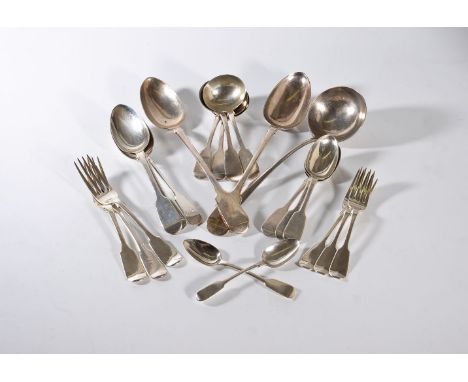 A matched silver fiddle pattern table service, various George II and later makers and dates, some crested, including: a Willi