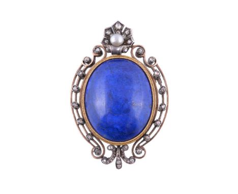 An early 20th century lapis lazuli, diamond and pearl locket brooch/pendant, circa 1900, the oval cabochon lapis lazuli withi