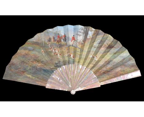 ϒ[Fox hunting interest] A mother of pearl large fan, circa 1900, with plain guards and sticks, the paper leaf painted in goua