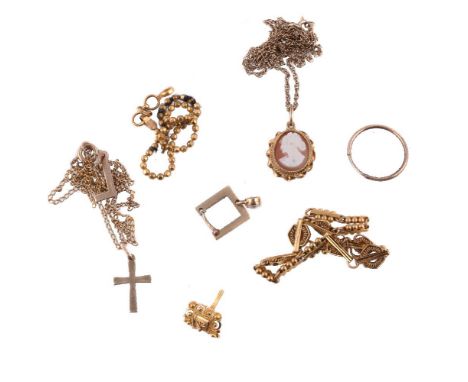 A collection of gold coloured jewellery, to include a 9 carat gold chain with shell cameo pendant; a further chain with 9 car