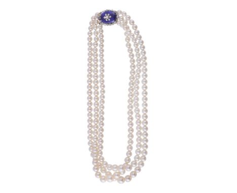 A three strand graduated cultured pearl necklace, composed of 5.8mm to 9.3mm cultured pearls, to a silver, enamel and paste s
