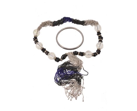 A mid 20th century beaded necklace, the plaited beaded back to white paste orbs with circular cut white paste set spacers and
