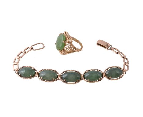 A serpentine bracelet, set with oval cabochon serpentine, to the ladder link clasp, stamped 14K, 17.5cm long; and a nephrite 