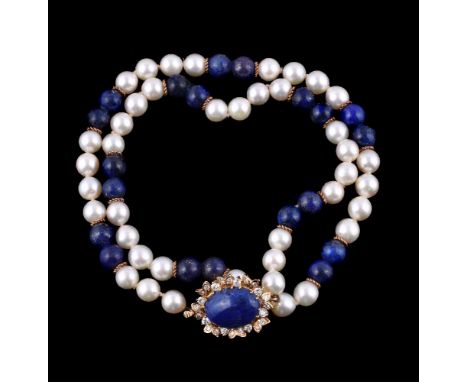 A diamond, cultured pearl and lapis lazuli necklace, the flower head clasp with a central oval lapis lazuli within a surround