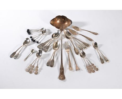 A collection of flatware, including: an American King's pattern soup or punch ladle by Ball, Black Co., New York, 36cm (14in)