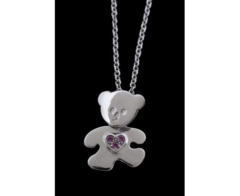 A pink sapphire teddy bear pendant, the teddy bear set with three circular cut pink sapphires, on a belcher link chain, stamp