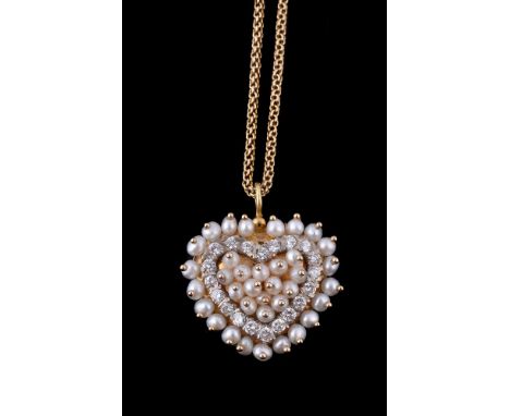 A diamond and pearl heart shaped pendant, set with pearls and brilliant cut diamonds, approximately 0.55 carats total, on a f
