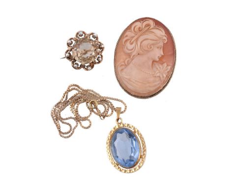 A 9 carat gold citrine and cultured pearl brooch, the circular cut citrine within a pierced lobed surround with cultured pear