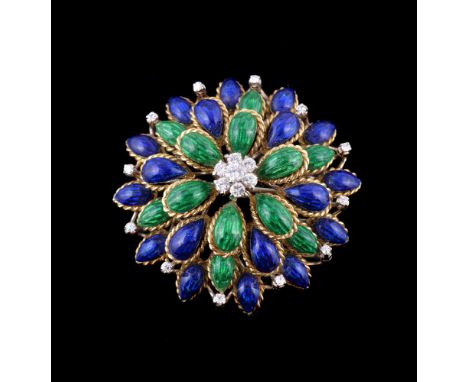 A 1960s enamel and diamond cluster brooch, the central cluster of brilliant cut diamonds within a surround of green and blue 