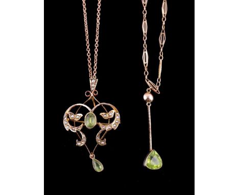 An Edwardian peridot and seed pearl pendant, the oval cut peridot within a scrolling surround set with seed pearls and suspen