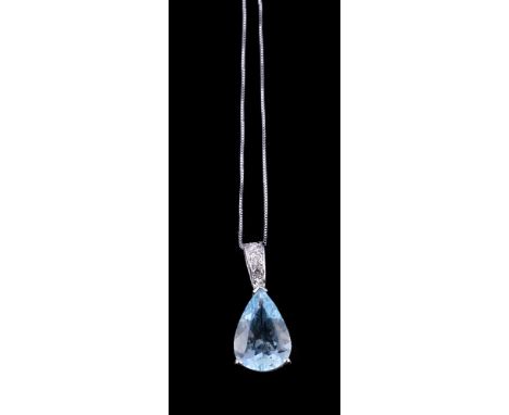 An aquamarine and diamond pendant, the pear cut aquamarine with a brilliant cut diamond set surmount, on a box link chain, st