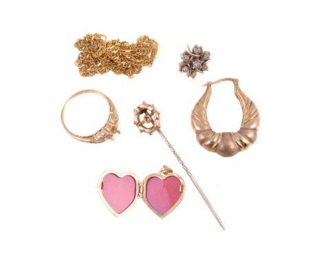 A small collection of gold coloured jewellery, to include a fancy link chain, 5.5g; a diamond set ring with vacant setting; a