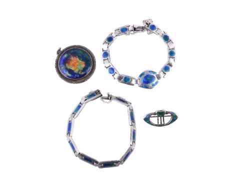 Two early 20th century Murrle Bennett & Co. enamelled bracelets, circa 1900, the first with a central marquise shaped panel w