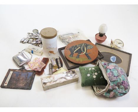 Mixed lot including plated teaspoons, miniature oil lamp, carved bone brooches etc etc