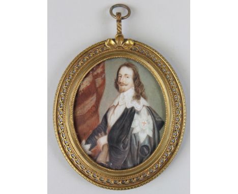 Well painted 19th century portrait miniature of Charles 1st on Ivory set within an oval pinchbeck frame 