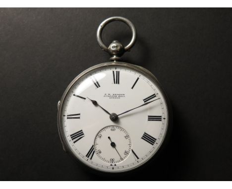 J W Benson open face silver pocket watch, London 1871, white enamel dial with black roman numerals, surrounded by a minute tr