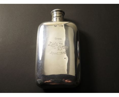 Victorian silver hip flask, Hallmarked London 1867, engraved on the front "from Jack to Henry April 1891" with an engraved mo