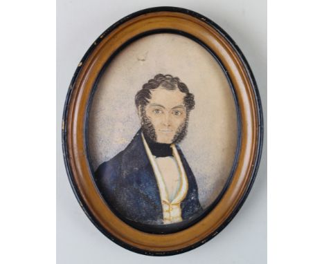 Regency period circa 1820 miniature watercolour and pen portrait of a gentleman in oval frame