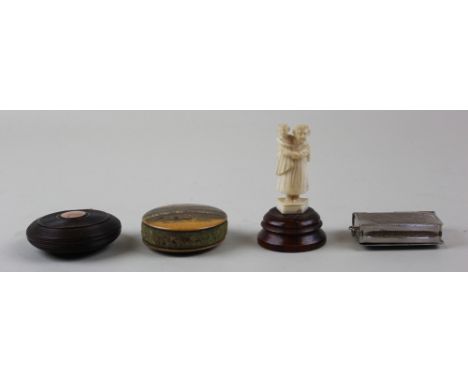 Mixed lot of mauchline ware pin cushion, silver plated book shape vesta, ebony snuff box and bone figure 