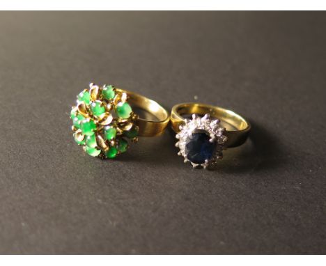 14ct Ring set with Jade size K, 14 ct Ring set with Sapphire and Diamonds size J weight 8.6 grams