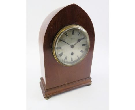 Early 20th Century mahogany mantel clock, A. Barrie & Son, Edinburgh, the lancet case with circular silvered dial with black 