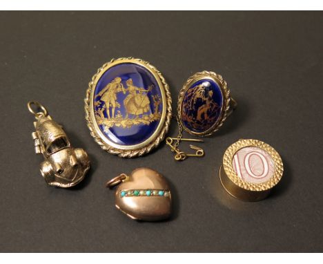 Mixed lot of 9ct items, 3 gold charms and a Limoges Cameo and Cameo Ring weight 27.5 grams