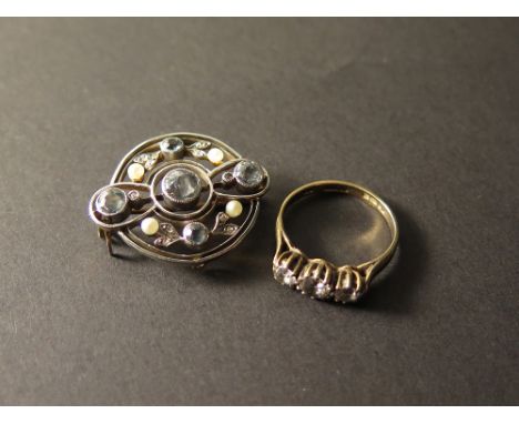 3 Stone 9ct Ring set with CZ size L, Gold Brooch set with Aquamarine and seed pearls weight 7.5 grams 