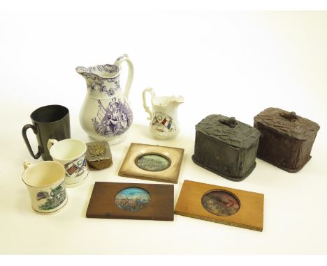 Crimea interest - two Commemorative Mugs, a milk jug and a large water jug. All with faults. Plus a Lord Cardigan pewter drin