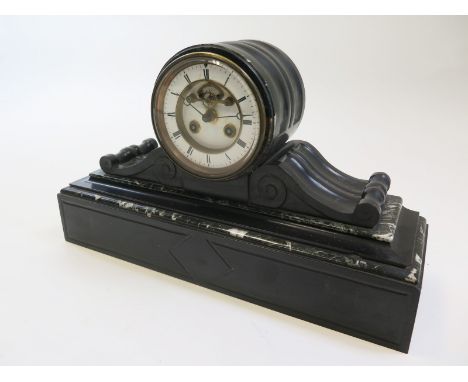 19th century French Drumhead Slate and Marble mantle clock with visable escapement and enamelled dial