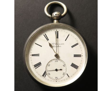 J W Benson open face silver pocket watch, London 1889, white enamel dial with black roman numerals, surrounded by a minute tr